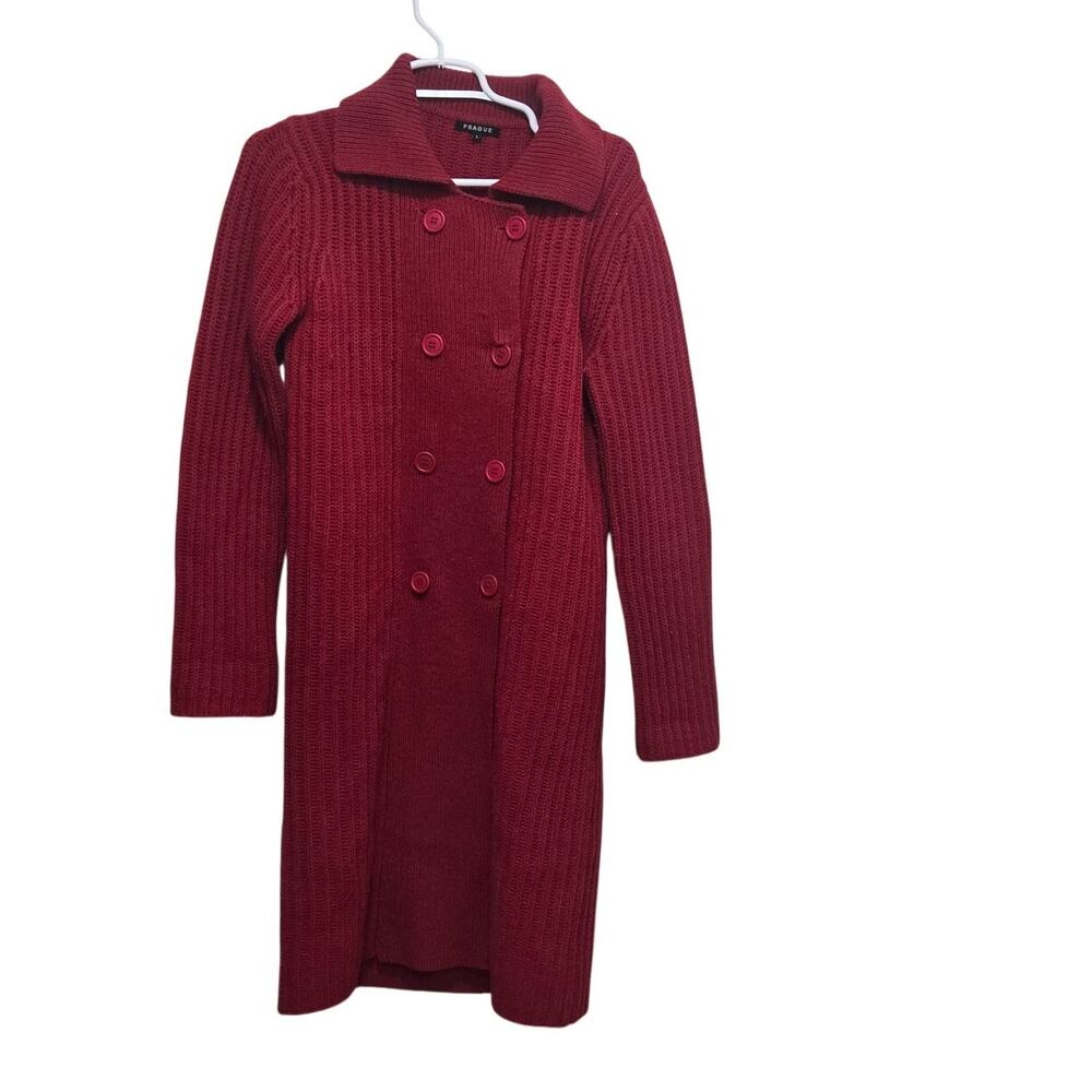 Prague Red Lambswool Blend Double Breasted Long Sweater Coat L
